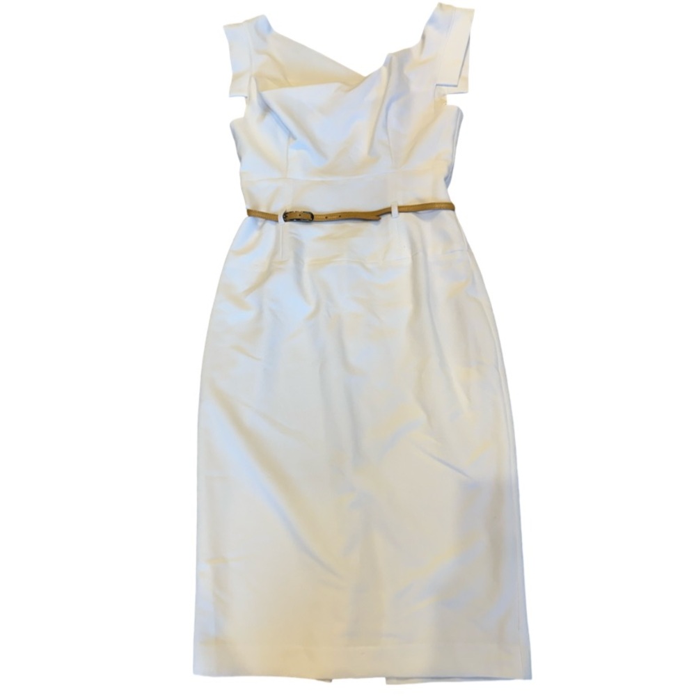 Black Halo Jackie O White Belted Sheath Dress Cap Sleeve Knee Length Size 6